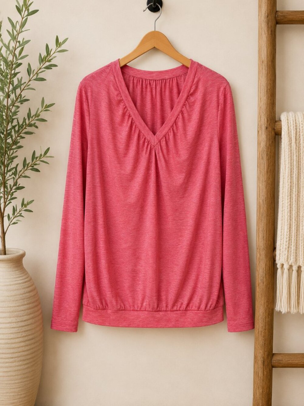 Women’s Coral Pink V-Neck Long Sleeve Top XL Relaxed Casual Blouse